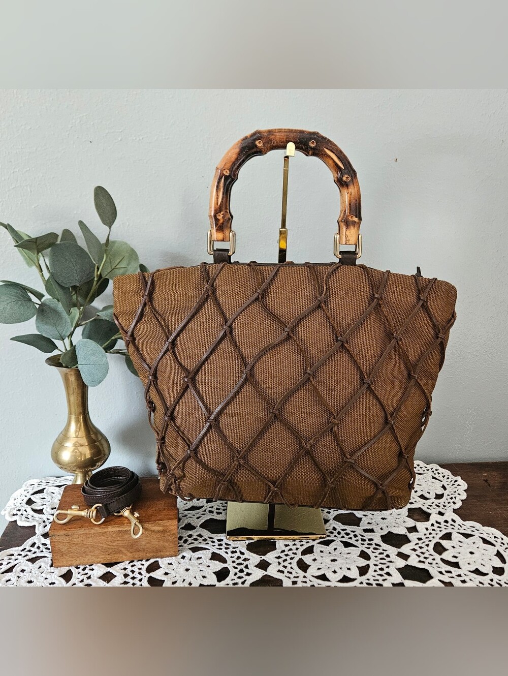 Vintage Brizzolari Italy Bamboo Handle Fishnet Leather Overlay Canvas Hand Bag